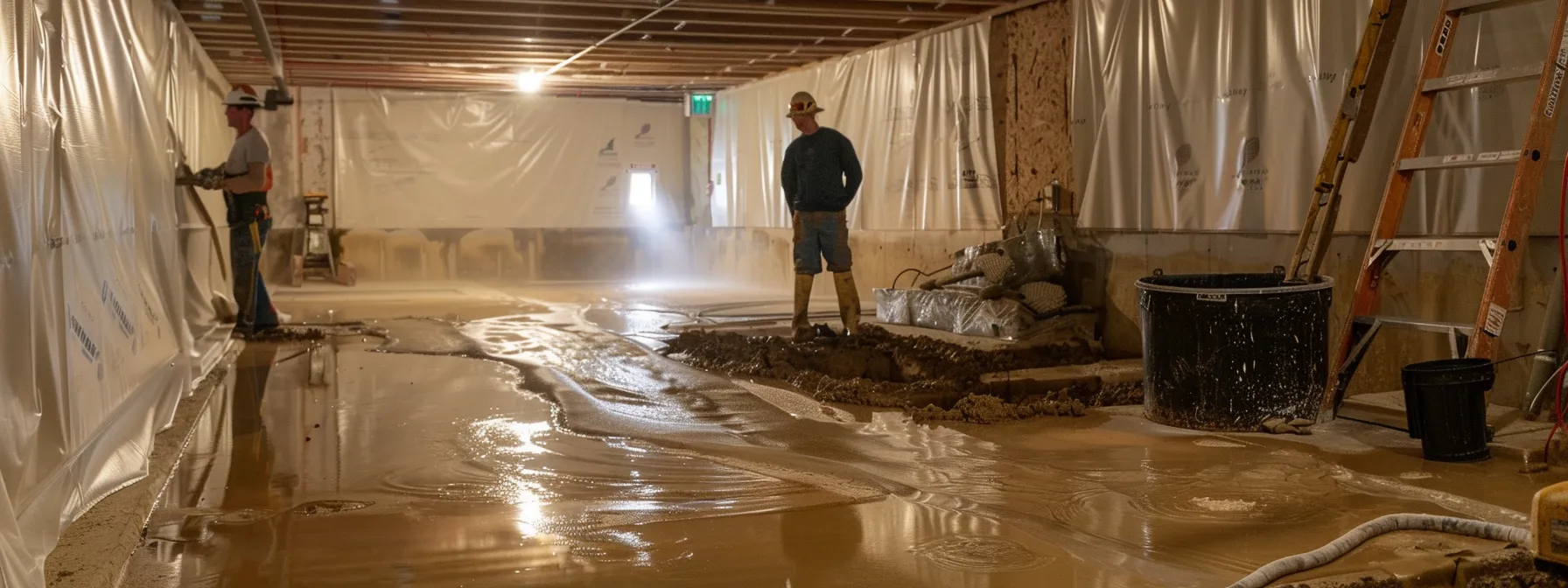 a brightly lit basement showcases the waterproofing process with exposed concrete walls, as a contractor expertly seals cracks with hydraulic cement while another installs a french drain, highlighting a clean and professional workspace.