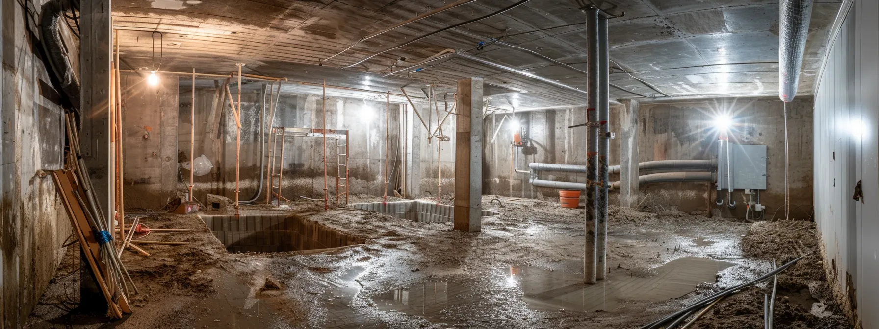 a brightly lit residential basement showcases the waterproofing process, featuring exposed concrete walls, workers applying waterproof membranes, sealing cracks with hydraulic cement, and a newly installed french drain, creating a clean and professional environment.