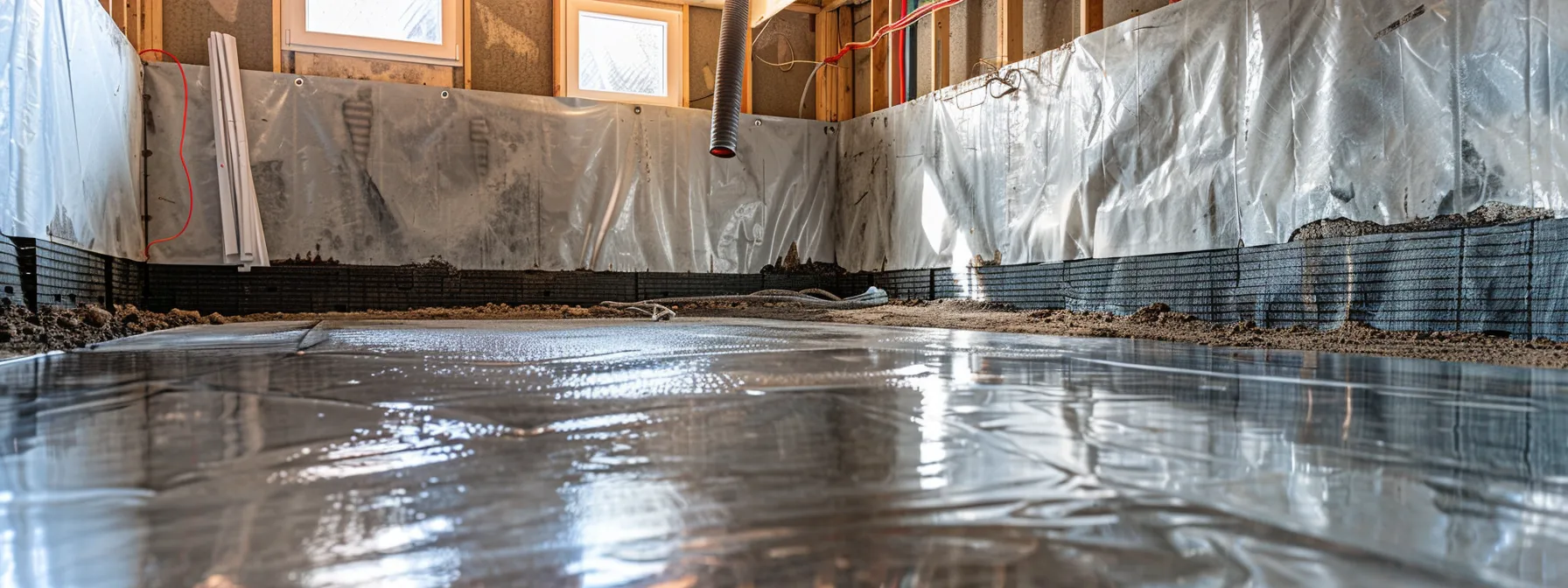 a clean and well-lit residential basement showcases the waterproofing process, featuring exposed concrete walls and floor, as a contractor expertly applies membranes and installs a french drain, with a sump pump poised for installation in the corner.