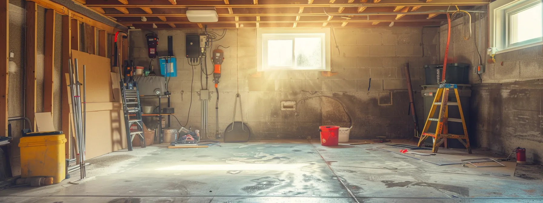 a pristine basement showcases the meticulous waterproofing process, with gleaming concrete walls, well-organized safety equipment, and a contractor expertly sealing cracks as sunlight streams through overhead, illuminating the professional workspace.