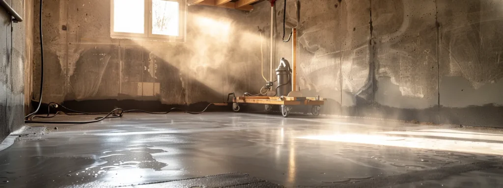 a professional contractor applies waterproofing membranes in a well-lit residential basement, showcasing exposed concrete walls and a clean workspace with a freshly installed french drain and a sump pump ready for setup.