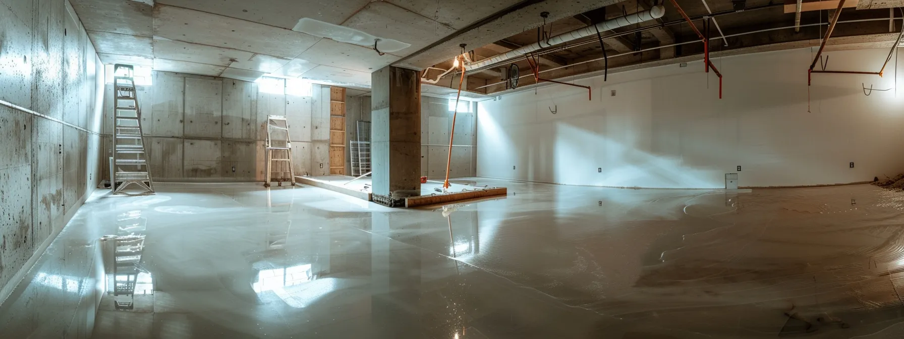 a well-lit residential basement showcases the waterproofing process, featuring exposed concrete walls and flooring as contractors skillfully apply membranes, seal cracks with hydraulic cement, and install a french drain, all within a clean, professional workspace.