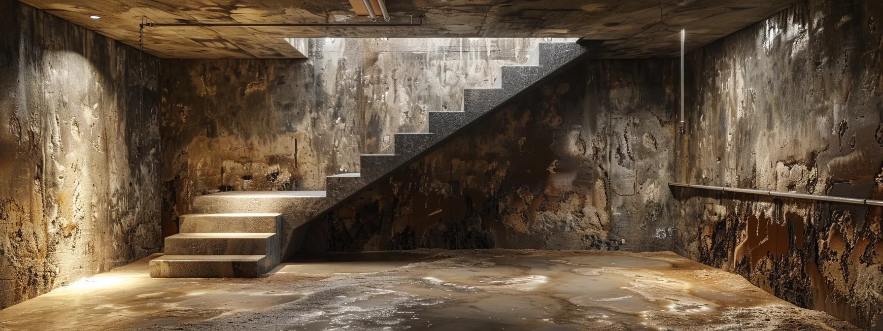 a well-lit residential basement showcases the diligent waterproofing process, with exposed concrete walls, freshly applied waterproofing membranes, and a contractor skillfully sealing cracks with hydraulic cement next to a newly installed french drain.