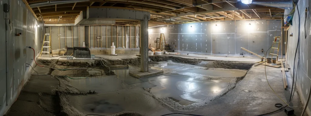 a well-lit residential basement showcases the waterproofing process, featuring exposed concrete walls, a contractor diligently sealing cracks with hydraulic cement, and a new french drain being installed along the perimeter.