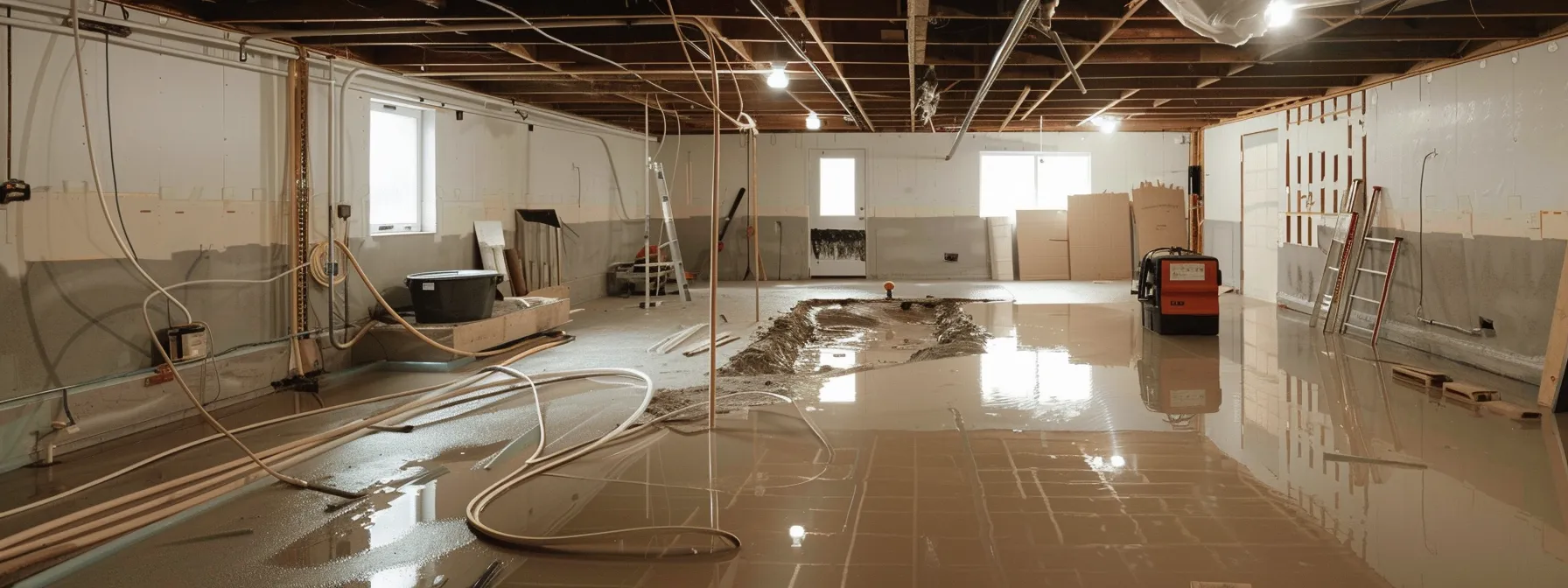 a well-lit residential basement showcases the meticulous waterproofing process, featuring exposed concrete walls, freshly applied membranes, and a contractor sealing cracks with hydraulic cement, while a french drain and a sump pump await installation in a clean, professional workspace.
