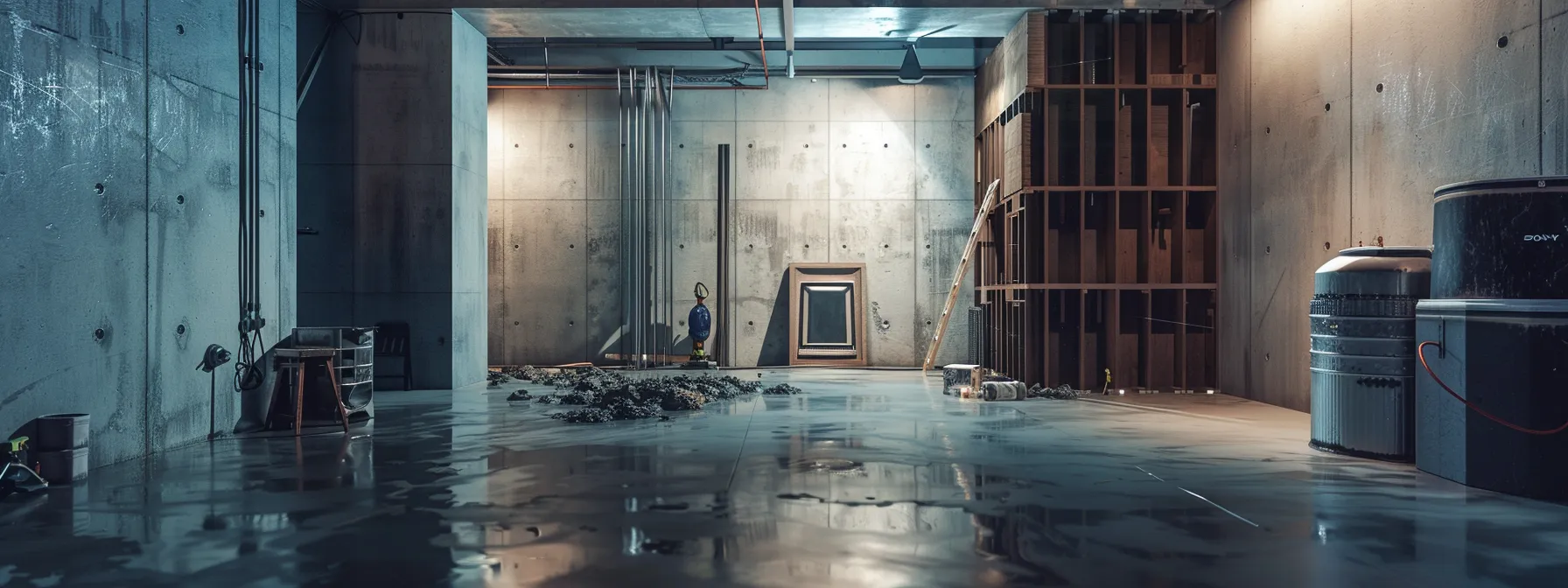 a well-lit residential basement showcases the waterproofing process with exposed concrete walls, where a contractor meticulously seals cracks with hydraulic cement while another seamlessly installs a french drain, all within a clean and professional workspace.
