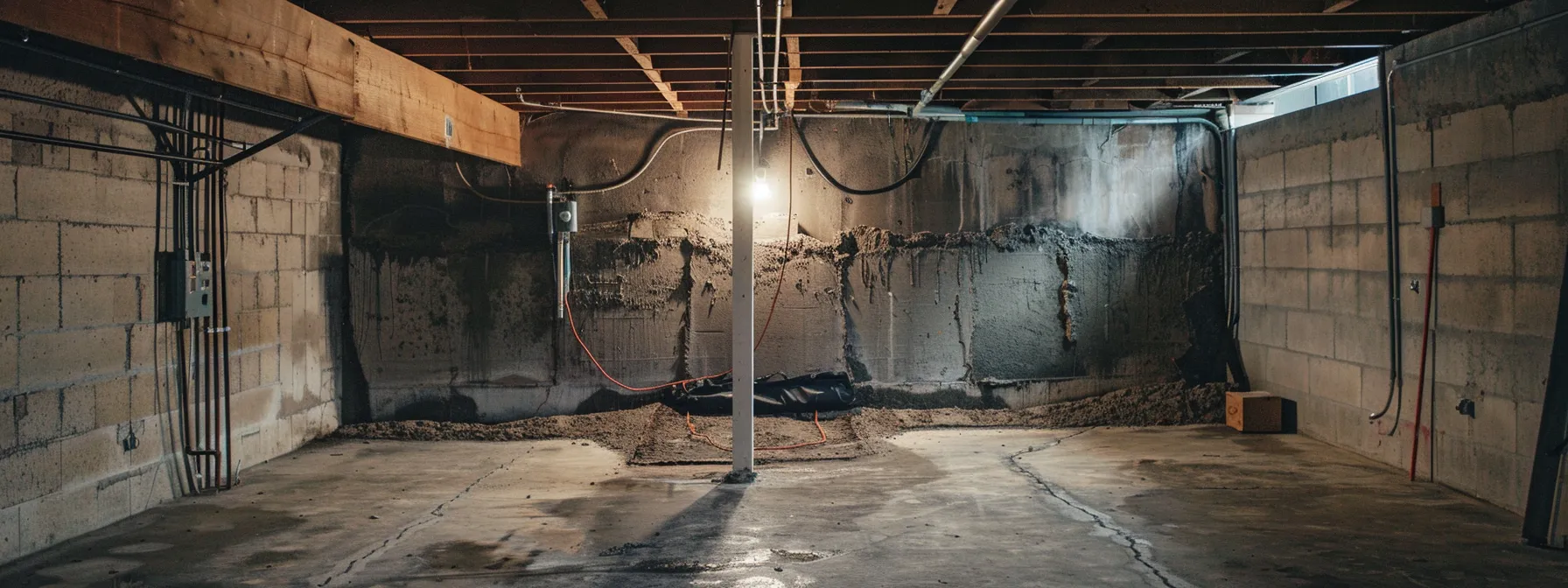 a well-lit residential basement showcases the waterproofing process, featuring exposed concrete walls, applied membranes, a contractor sealing cracks with hydraulic cement, and a french drain being installed along the perimeter, creating a clean and professional workspace.