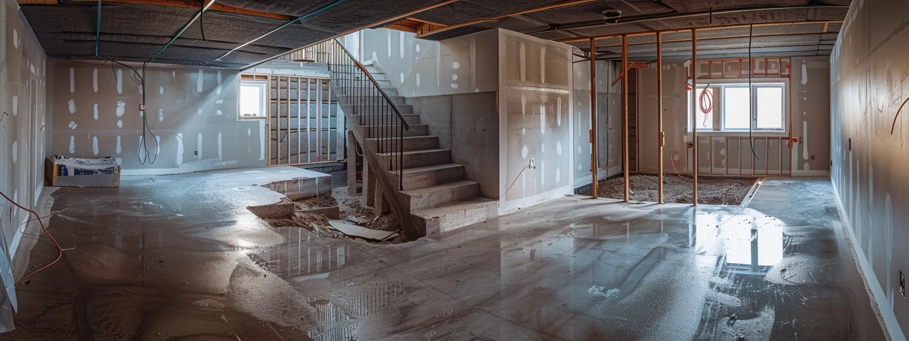 a well-lit basement showcases the waterproofing process with exposed concrete walls, while contractors install a french drain and seal cracks, creating a clean and professional atmosphere.