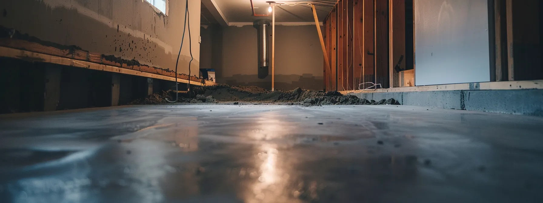a well-lit residential basement showcases a waterproofing process with exposed concrete walls and flooring, emphasizing a contractor skillfully sealing cracks with hydraulic cement, while a french drain is meticulously installed around the perimeter.