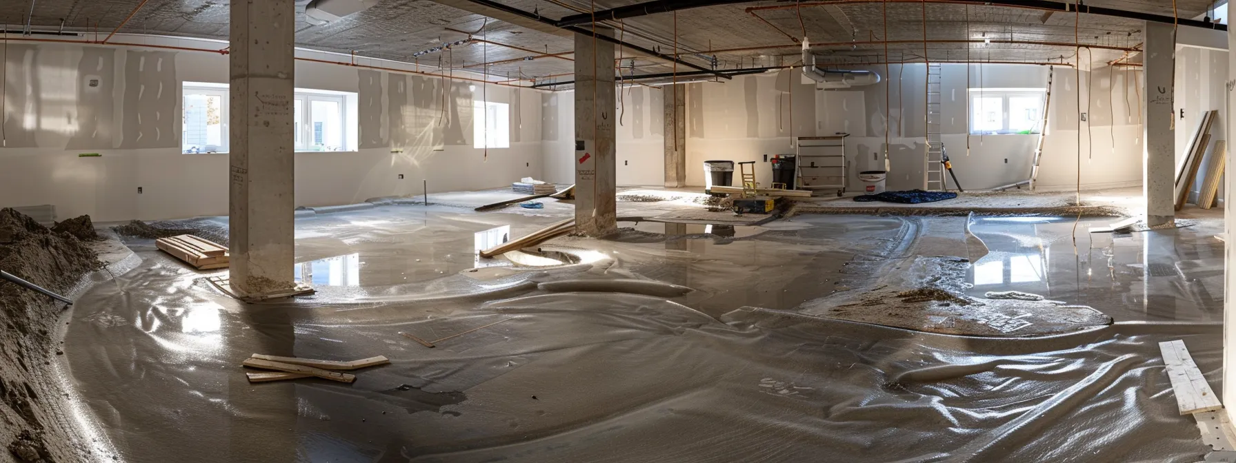 a well-lit basement showcases the waterproofing process, featuring exposed concrete walls and flooring, as contractors diligently apply waterproof membranes, seal cracks with hydraulic cement, and install a french drain, all within a clean and professional workspace.