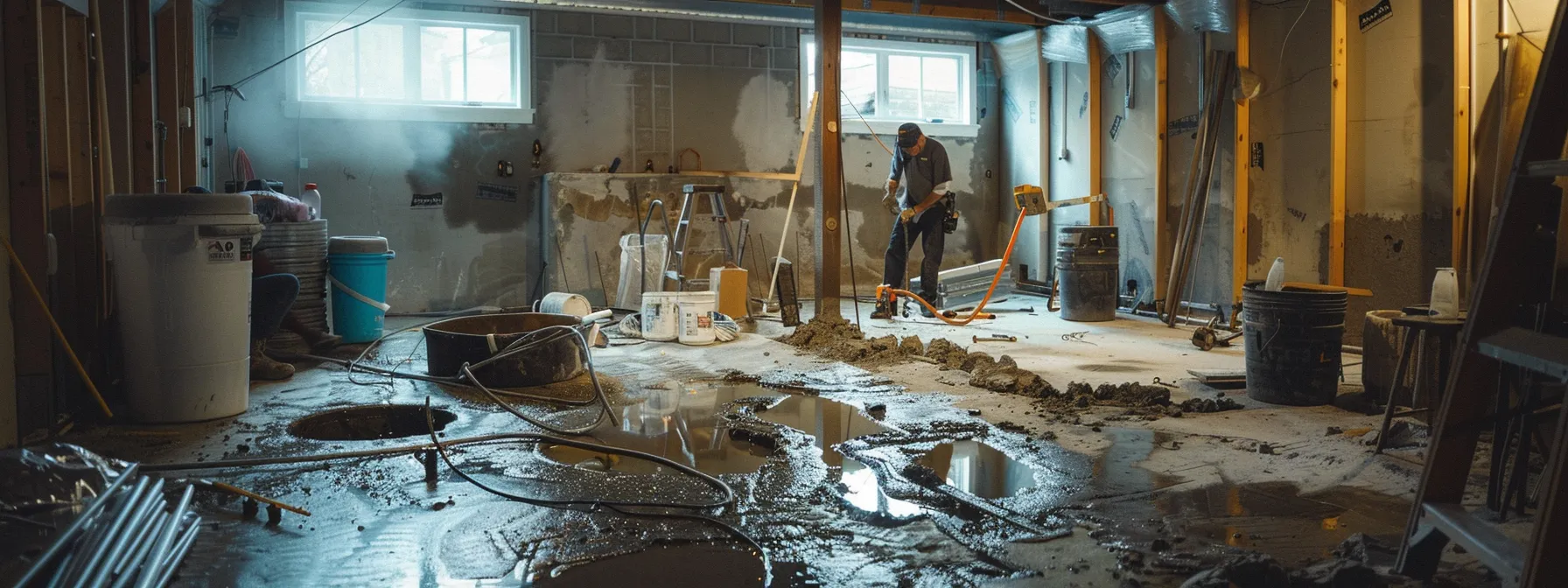 a well-lit basement showcases the waterproofing process with exposed concrete walls, as a contractor diligently seals cracks with hydraulic cement while another installs a french drain, capturing a clean, professional workspace atmosphere.