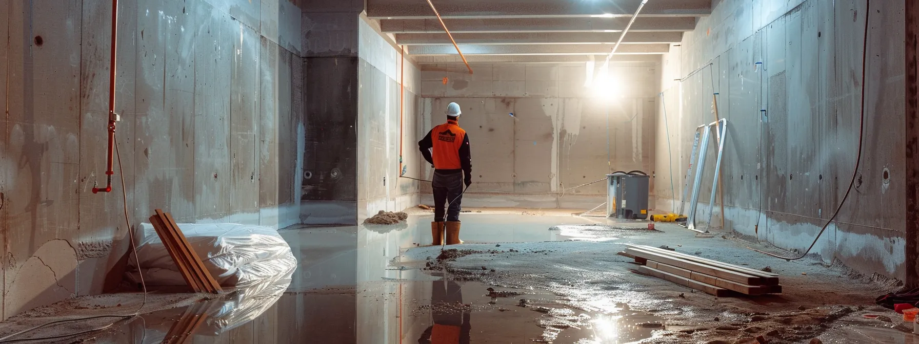 a well-lit, professional basement waterproofing scene showcases exposed concrete walls as a contractor applies waterproofing membranes, seals cracks with hydraulic cement, and prepares to install a sump pump, creating a clean and efficient workspace.