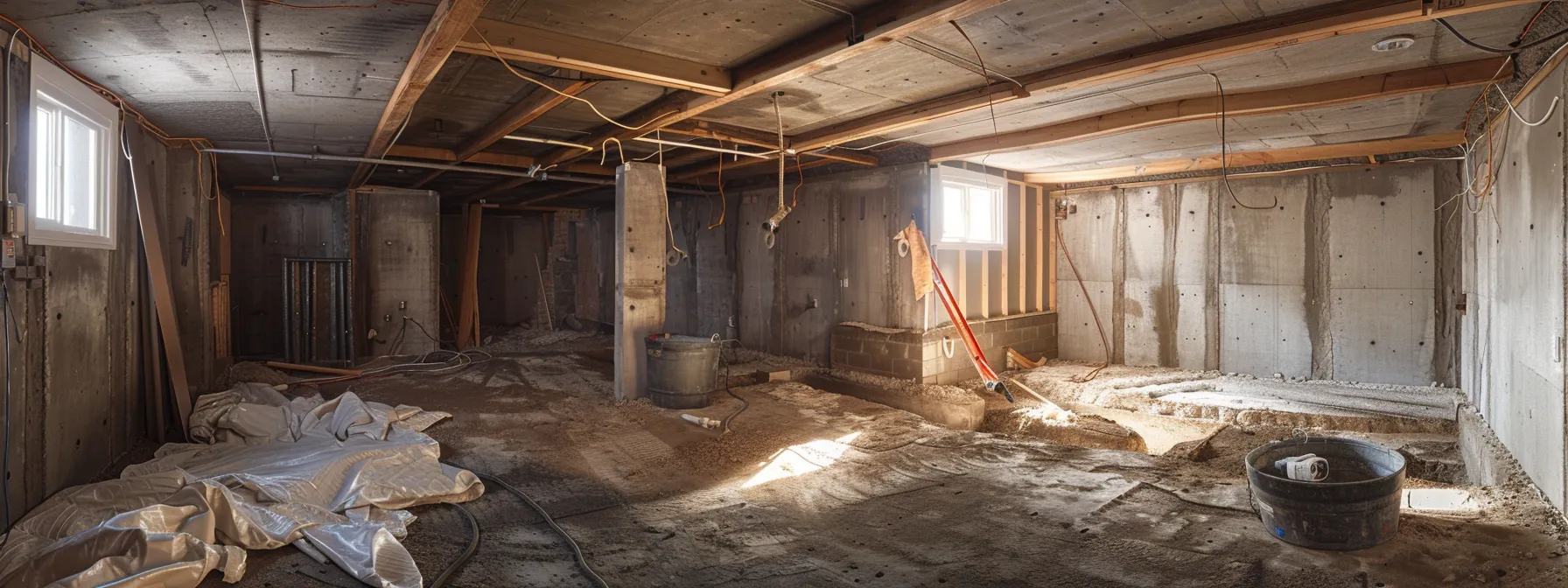 a well-lit residential basement reveals the meticulous waterproofing process, showcasing exposed concrete walls as a contractor applies waterproofing membranes and installs a french drain, creating a clean and professional environment.