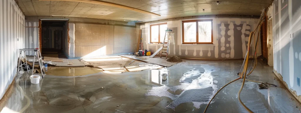 in a well-lit residential basement, a skilled contractor diligently applies waterproofing membranes to the exposed concrete walls and floor while meticulously sealing cracks with hydraulic cement, showcasing a clean and professional workspace ready for drainage installation.