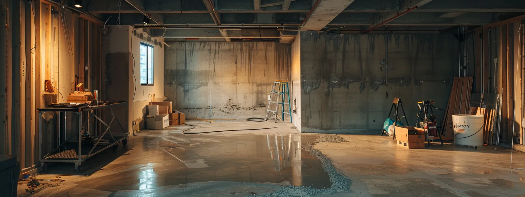 a well-lit residential basement showcases the waterproofing process, featuring exposed concrete walls, waterproofing membranes being applied, and a professional contractor sealing cracks with hydraulic cement amidst a clean, organized workspace.