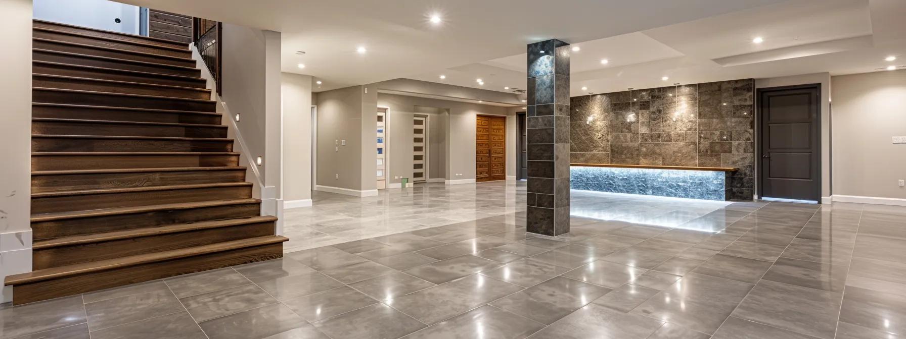 a sleek, modern basement space showcases various waterproofing materials and techniques applied to its walls and floors, emphasizing the effectiveness of interior waterproofing solutions amid a clean, organized setting.