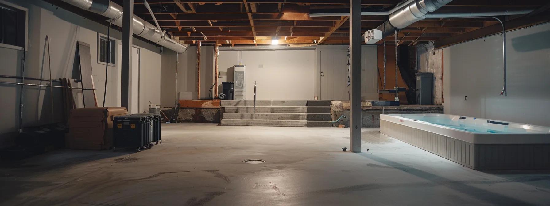 a modern, well-lit basement undergoing professional waterproofing, showcasing sleek equipment and sturdy materials, emphasizes the transformation of a dry, functional space that enhances property value in louisville.