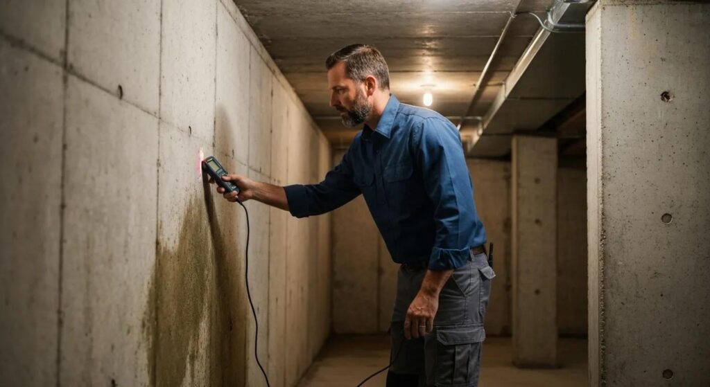Skilled technician examining basement walls for moisture issues