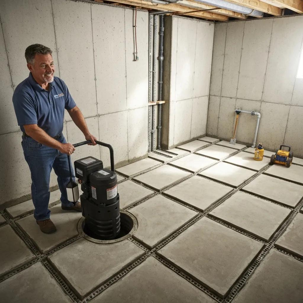 Installation of an interior basement drainage system, including a sump pump and drain tiles